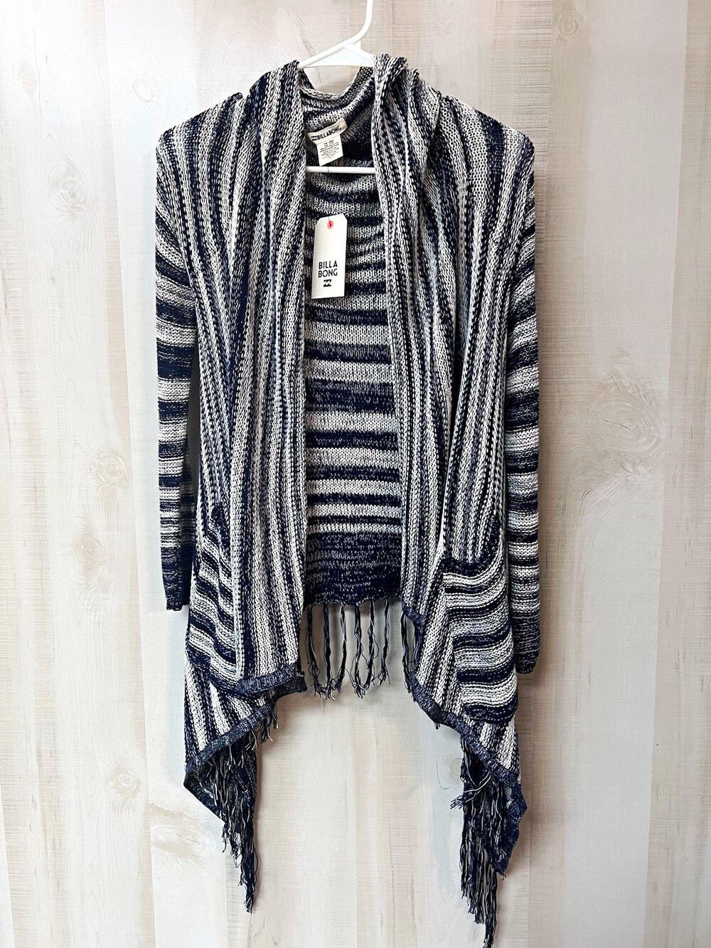 Billabong Blue/White Striped Knit Fringe Cardigan Sweater - NWT